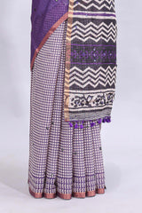Purple mirror work embroidery checked design linen cotton saree with self zari border and matching checked blouse