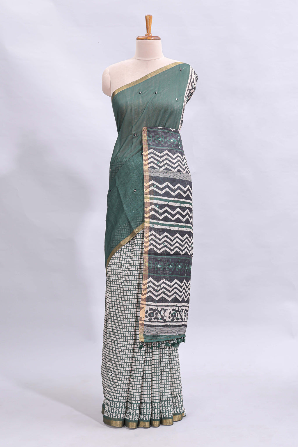 Green mirror work embroidery checked design linen cotton saree with self zari border and matching checked blouse