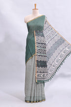 Green mirror work embroidery checked design linen cotton saree with self zari border and matching checked blouse