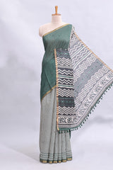 Green mirror work embroidery checked design linen cotton saree with self zari border and matching checked blouse