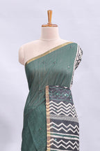 Green mirror work embroidery checked design linen cotton saree with self zari border and matching checked blouse
