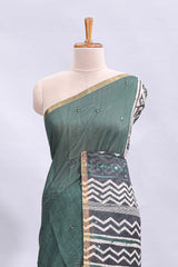 Green mirror work embroidery checked design linen cotton saree with self zari border and matching checked blouse