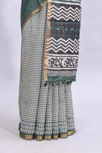 Green mirror work embroidery checked design linen cotton saree with self zari border and matching checked blouse