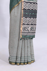 Green mirror work embroidery checked design linen cotton saree with self zari border and matching checked blouse