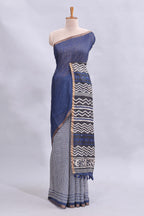 Blue mirror work embroidery checked design linen cotton saree with self zari border and matching checked blouse
