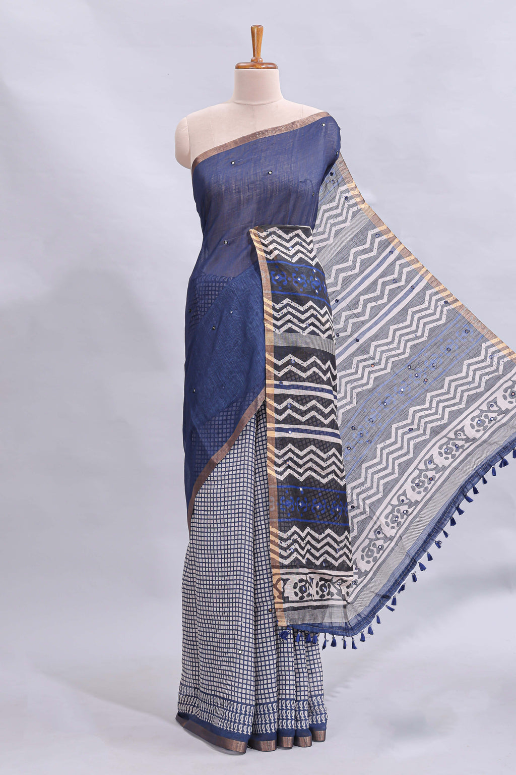 Blue mirror work embroidery checked design linen cotton saree with self zari border and matching checked blouse