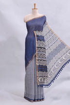 Blue mirror work embroidery checked design linen cotton saree with self zari border and matching checked blouse