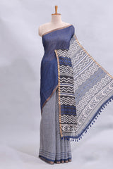 Blue mirror work embroidery checked design linen cotton saree with self zari border and matching checked blouse