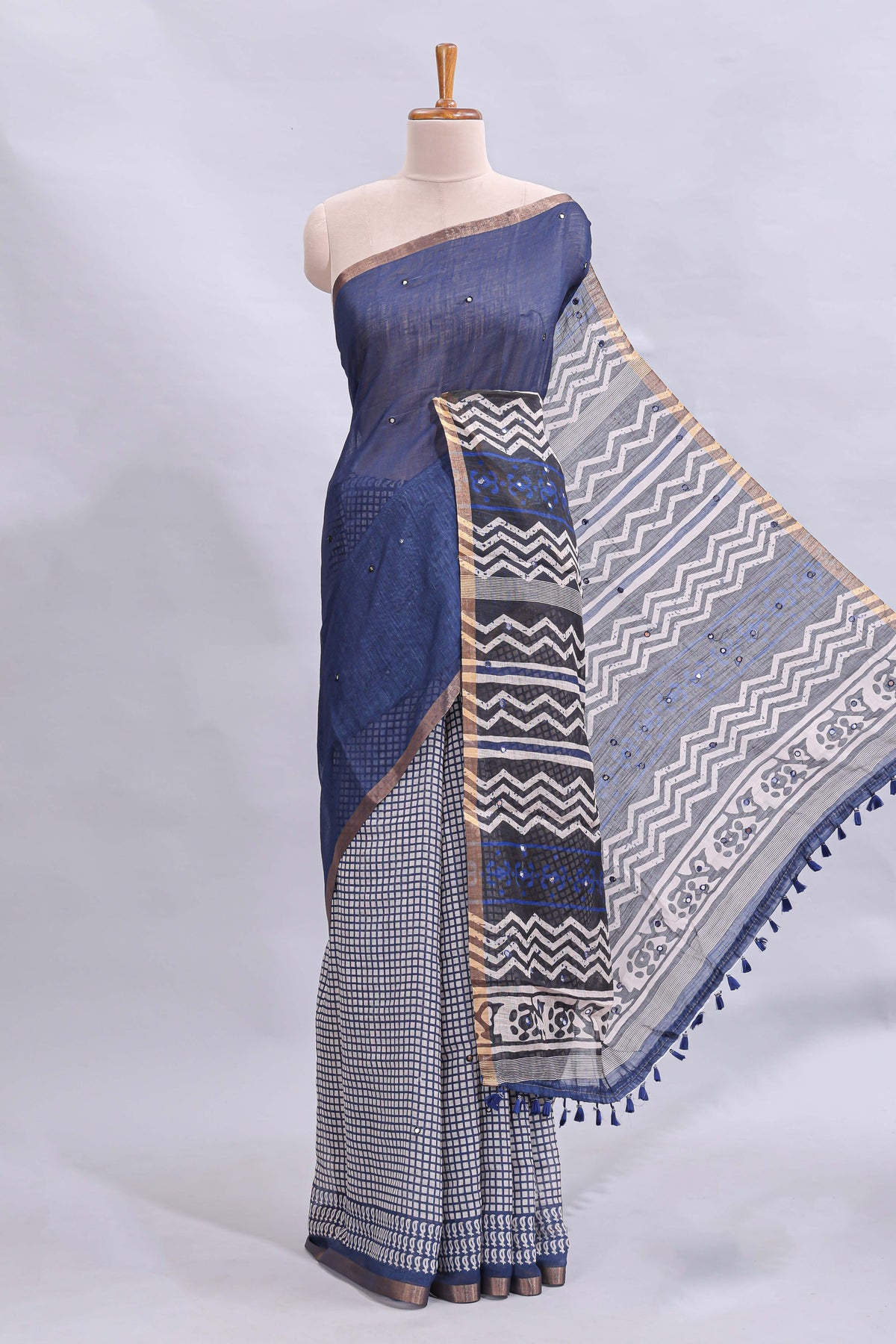 Blue mirror work embroidery checked design linen cotton saree with self zari border and matching checked blouse