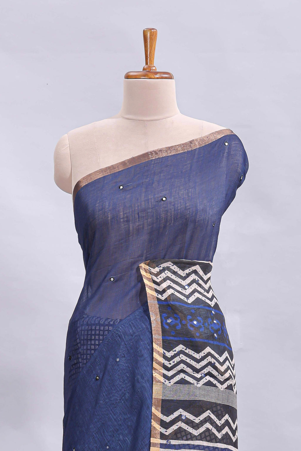 Blue mirror work embroidery checked design linen cotton saree with self zari border and matching checked blouse
