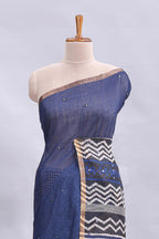 Blue mirror work embroidery checked design linen cotton saree with self zari border and matching checked blouse