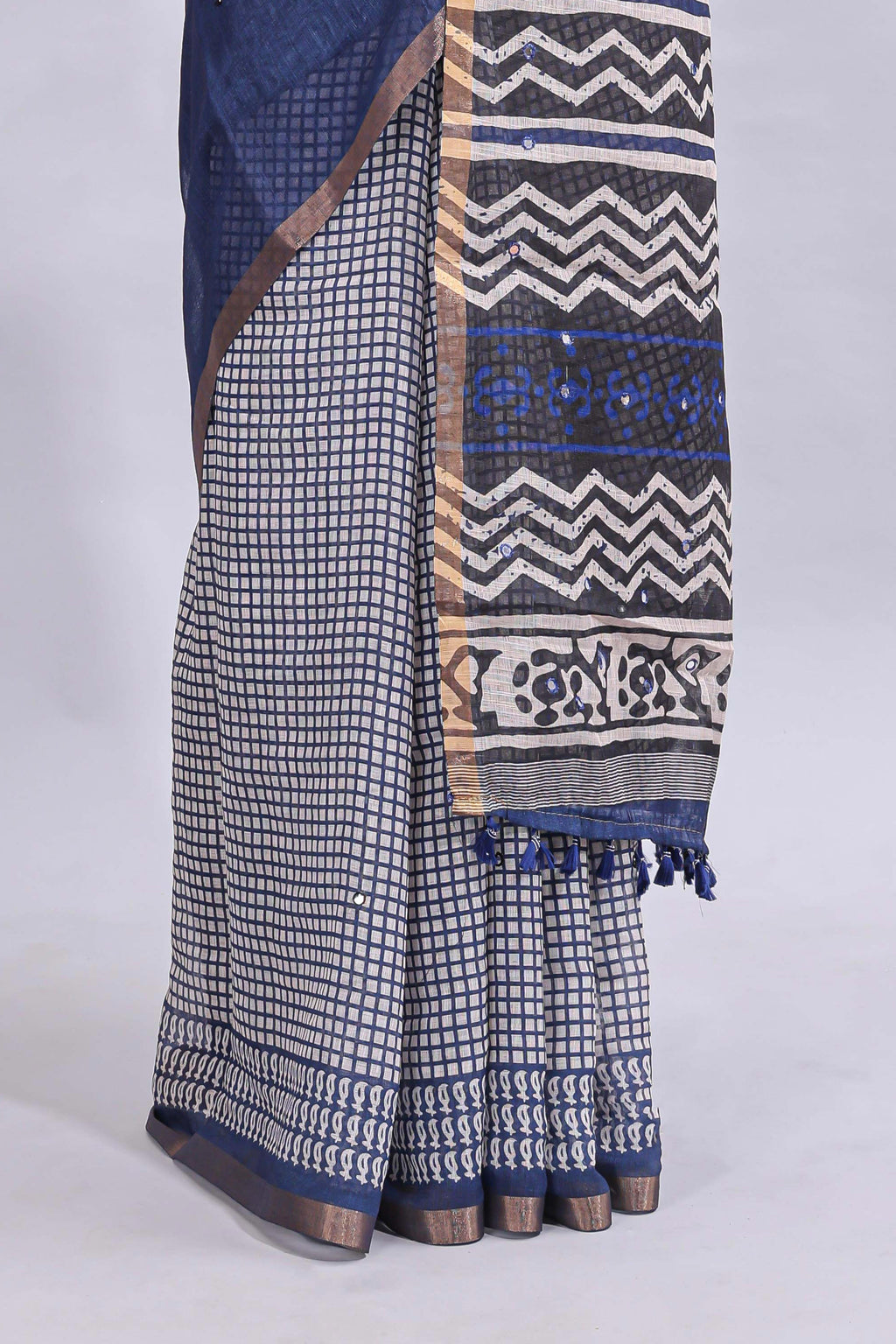 Blue mirror work embroidery checked design linen cotton saree with self zari border and matching checked blouse