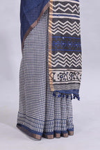 Blue mirror work embroidery checked design linen cotton saree with self zari border and matching checked blouse