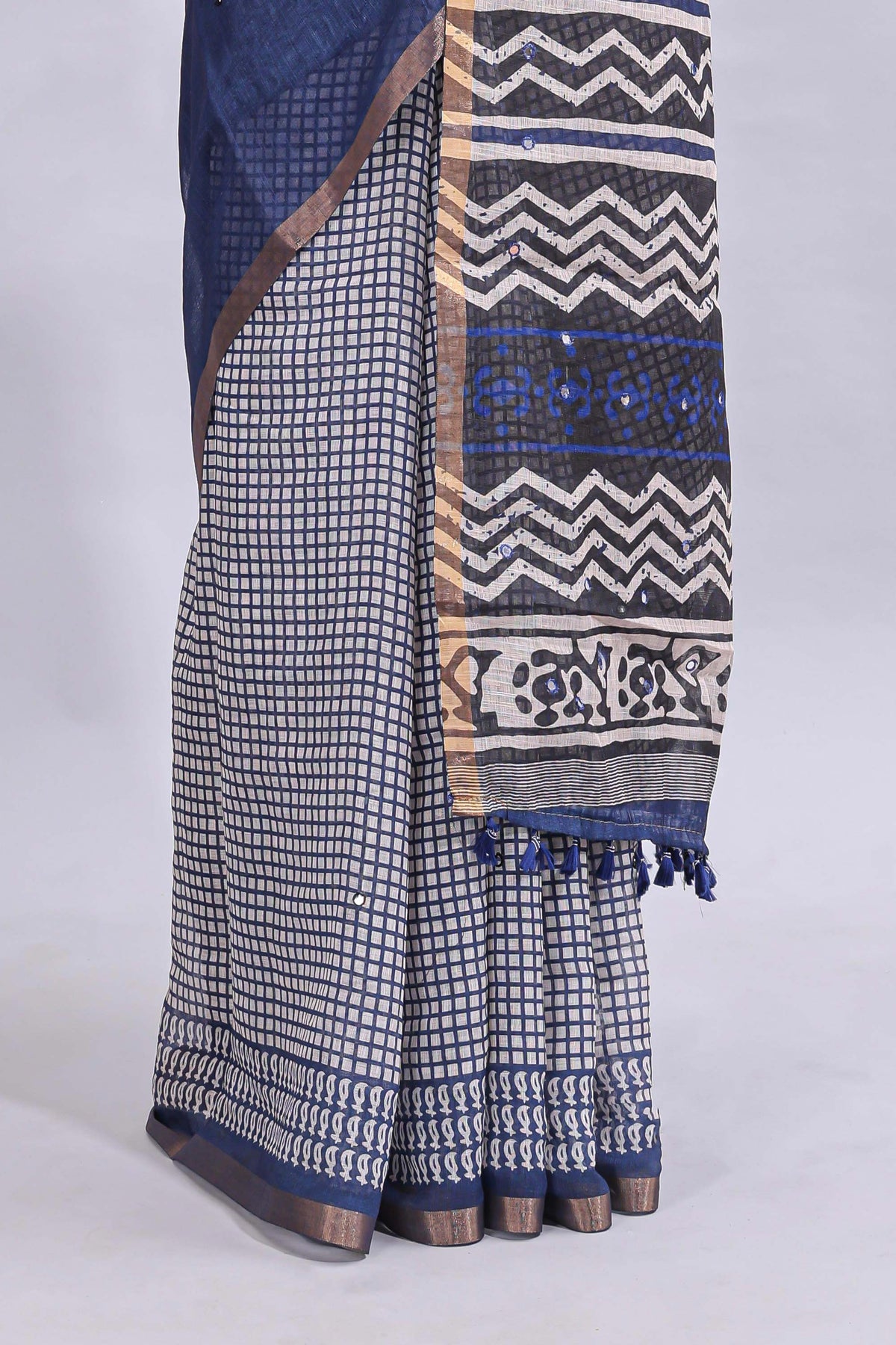 Blue mirror work embroidery checked design linen cotton saree with self zari border and matching checked blouse