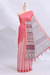 Pink mirror work embroidery checked design linen cotton saree with self zari border and matching checked blouse