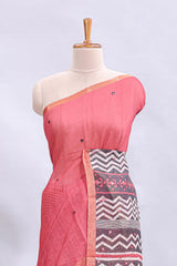 Pink mirror work embroidery checked design linen cotton saree with self zari border and matching checked blouse