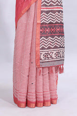 Pink mirror work embroidery checked design linen cotton saree with self zari border and matching checked blouse
