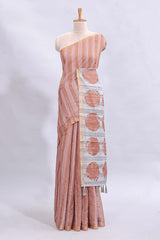 Peach striped mirror embroidery work linen cotton saree with self zari border and contrast printed pallu