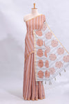 Peach striped mirror embroidery work linen cotton saree with self zari border and contrast printed pallu