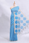 Blue striped mirror embroidery work linen cotton saree with self zari border and contrast printed pallu