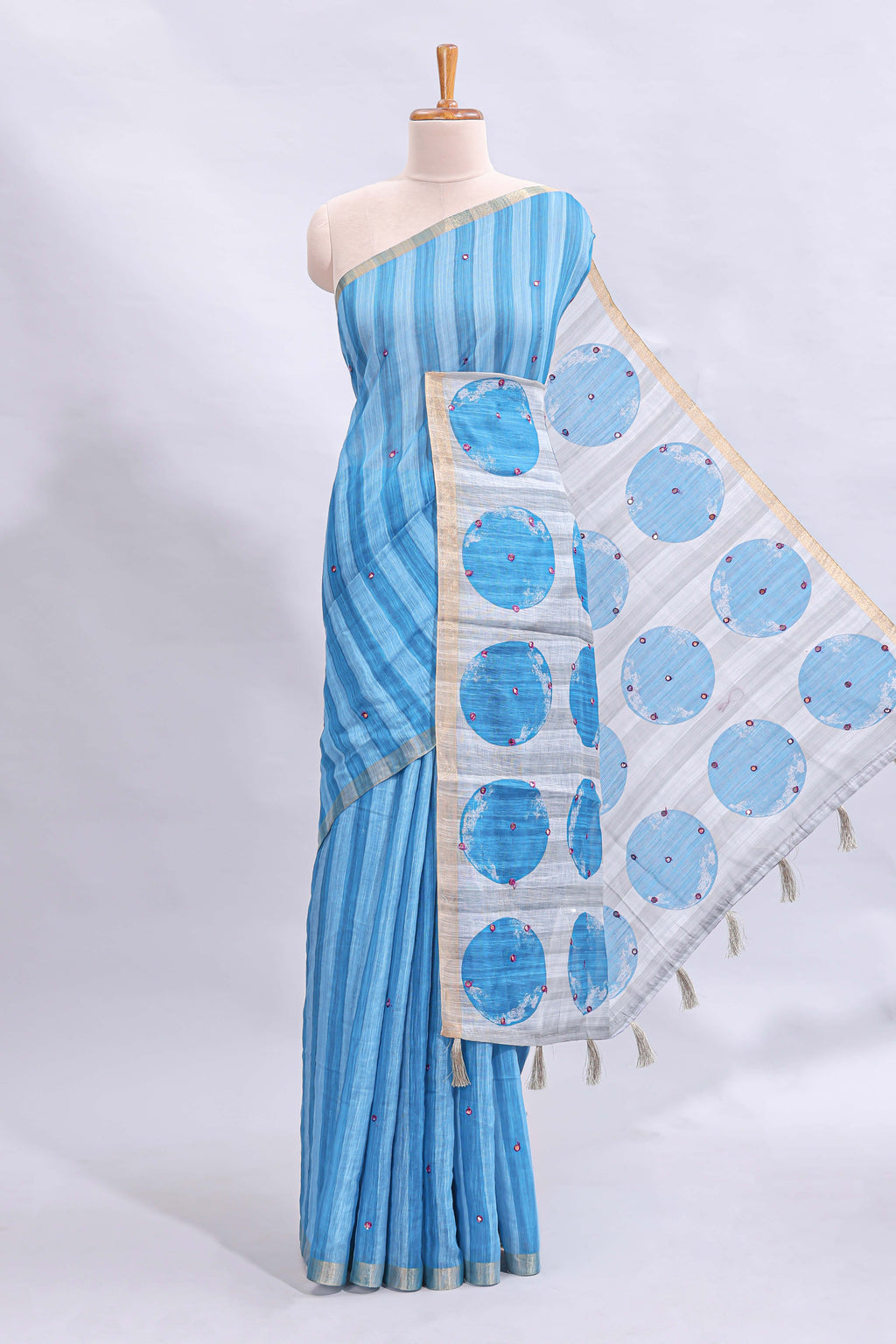 Blue striped mirror embroidery work linen cotton saree with self zari border and contrast printed pallu