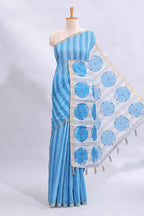 Blue striped mirror embroidery work linen cotton saree with self zari border and contrast printed pallu