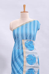 Blue striped mirror embroidery work linen cotton saree with self zari border and contrast printed pallu