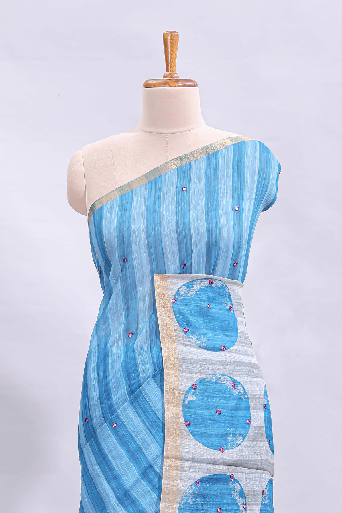 Blue striped mirror embroidery work linen cotton saree with self zari border and contrast printed pallu