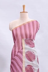Dusty rose striped mirror embroidery work linen cotton saree with self zari border and contrast printed pallu