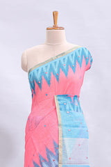 Pink mirror embroidery work linen cotton saree with contrast ikkat style border and striped blouse