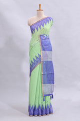 Green mirror embroidery work linen cotton saree with contrast ikkat style border and striped blouse