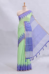 Green mirror embroidery work linen cotton saree with contrast ikkat style border and striped blouse