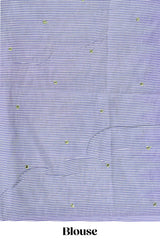 Green mirror embroidery work linen cotton saree with contrast ikkat style border and striped blouse