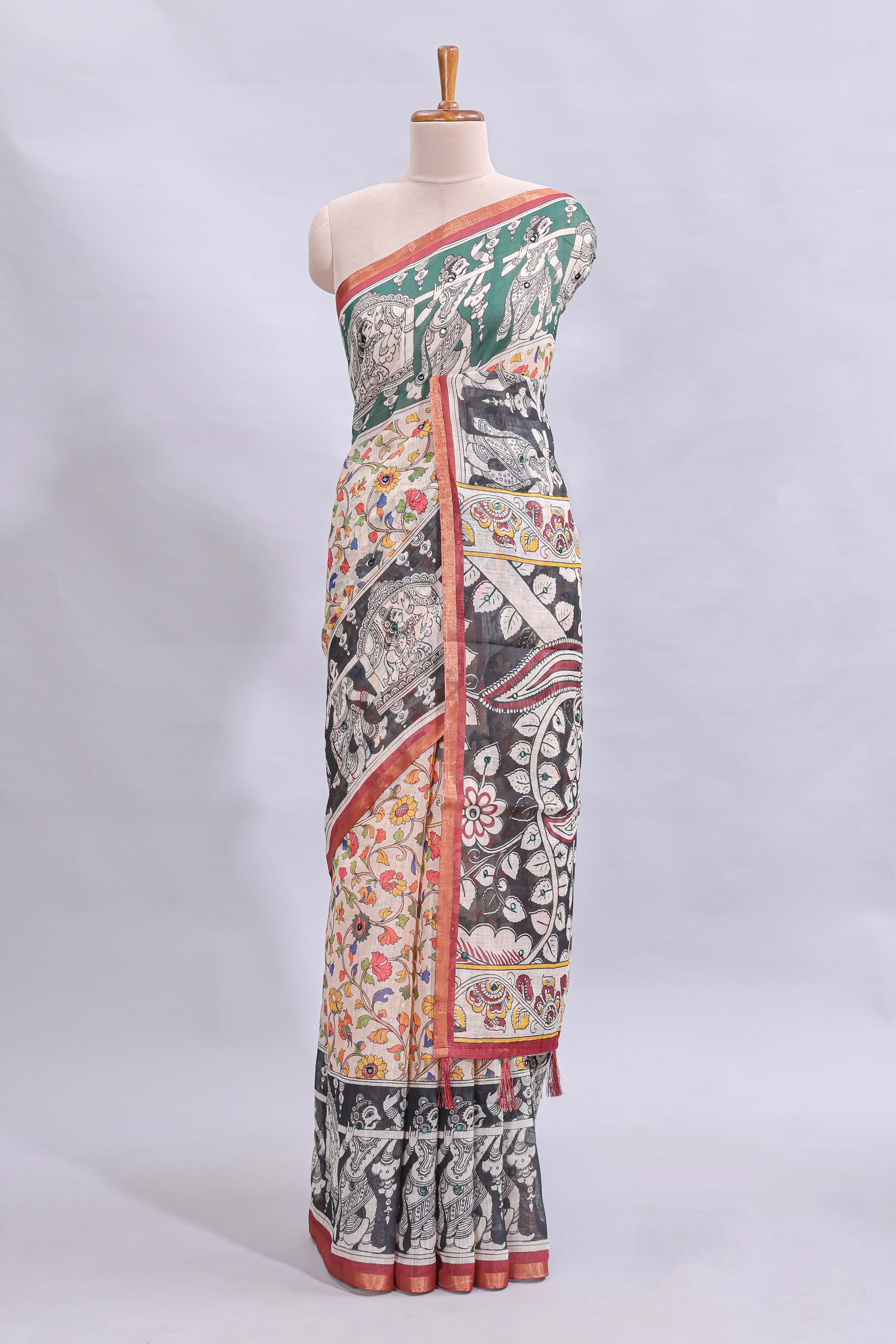 Multi color kalamkari style mirror embroidery work linen cotton saree with contrast zari border and floral blouse