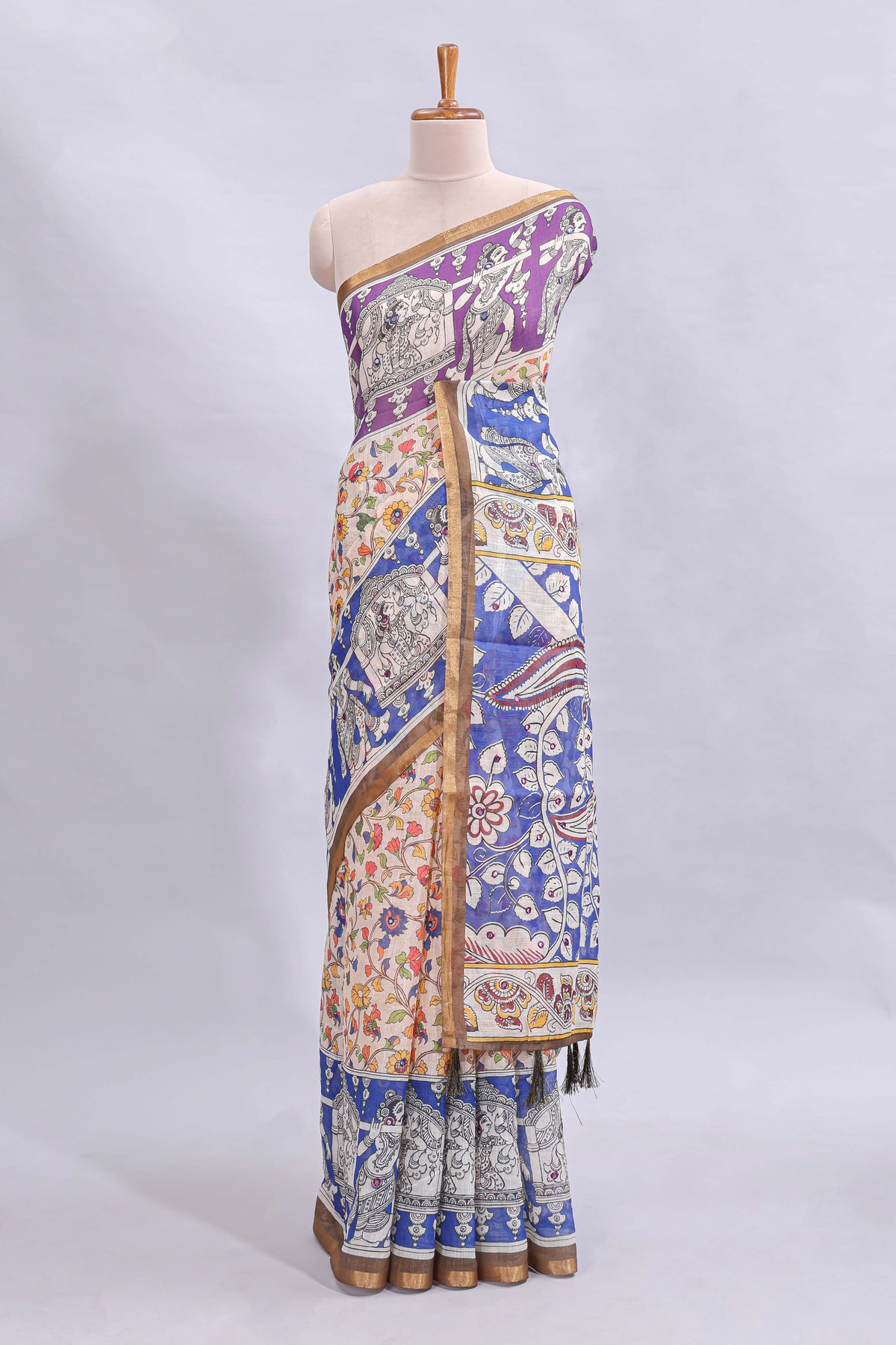 Multi color kalamkari style mirror embroidery work linen cotton saree with contrast zari border and floral blouse