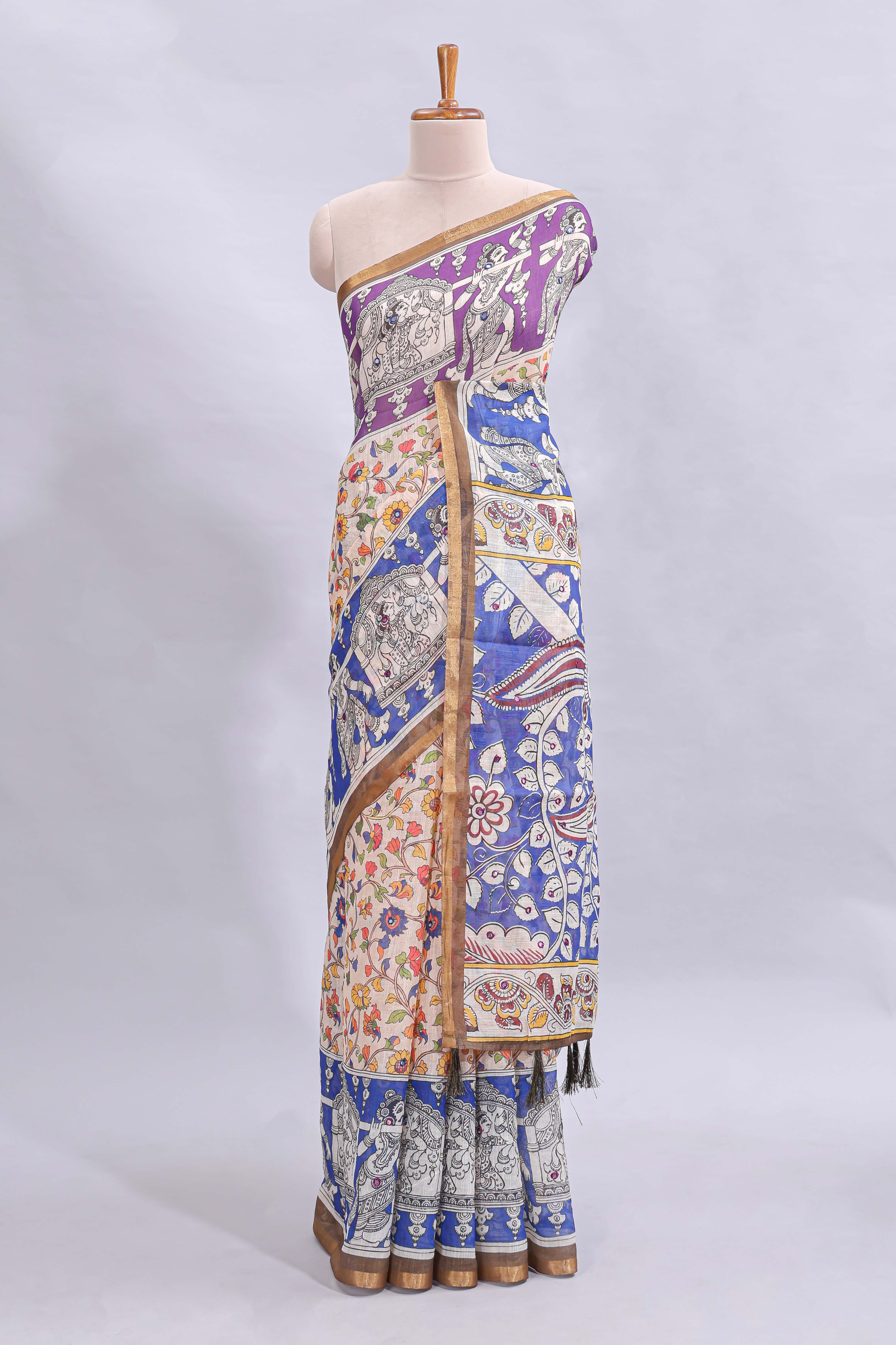 Multi color kalamkari style mirror embroidery work linen cotton saree with contrast zari border and floral blouse