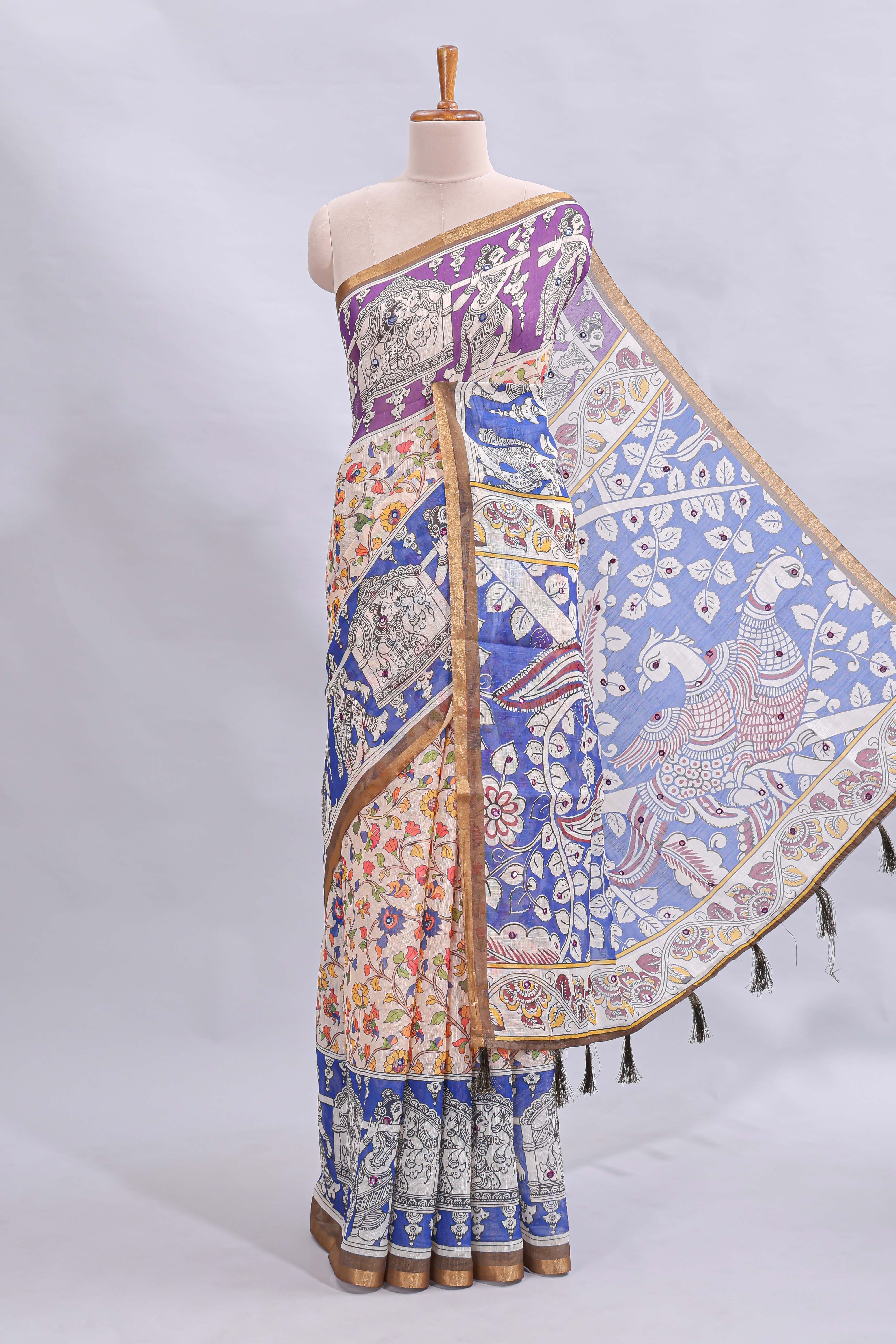 Multi color kalamkari style mirror embroidery work linen cotton saree with contrast zari border and floral blouse