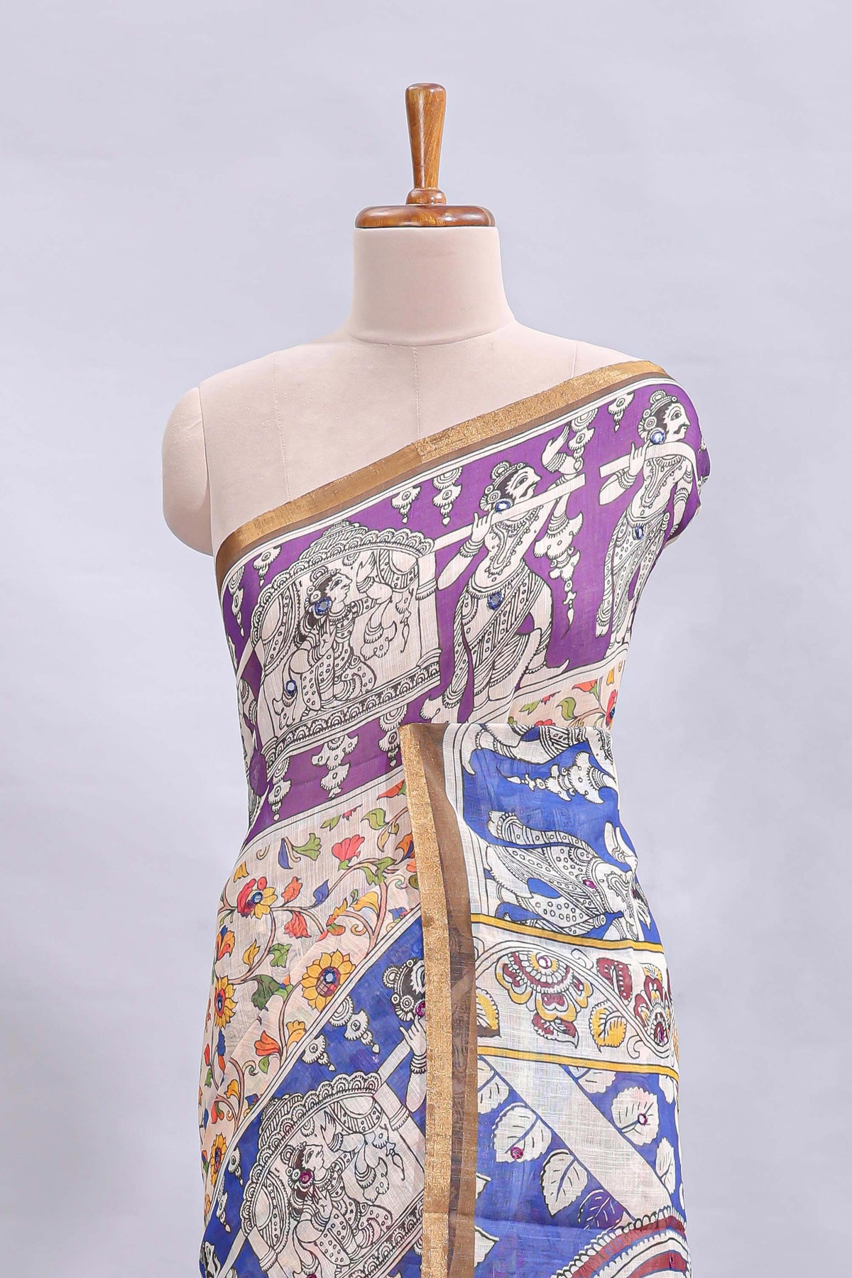 Multi color kalamkari style mirror embroidery work linen cotton saree with contrast zari border and floral blouse