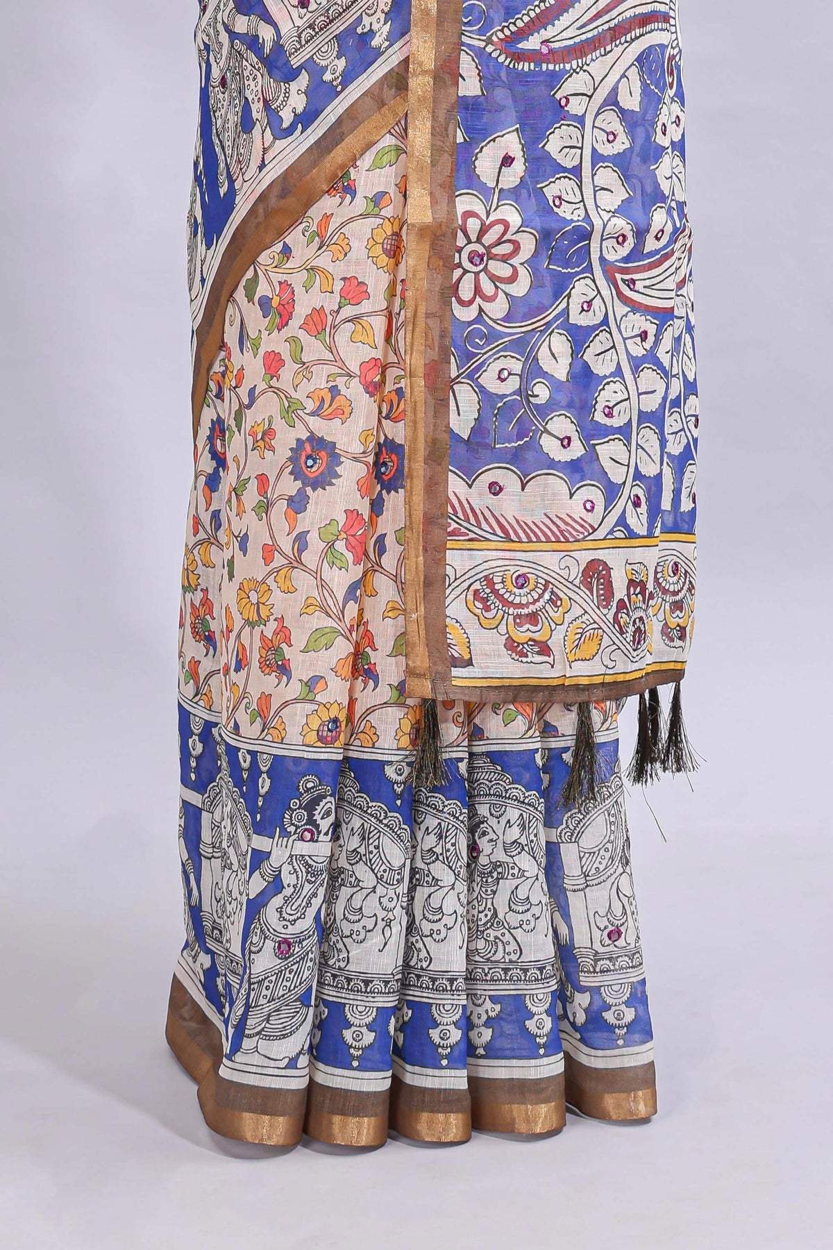 Multi color kalamkari style mirror embroidery work linen cotton saree with contrast zari border and floral blouse