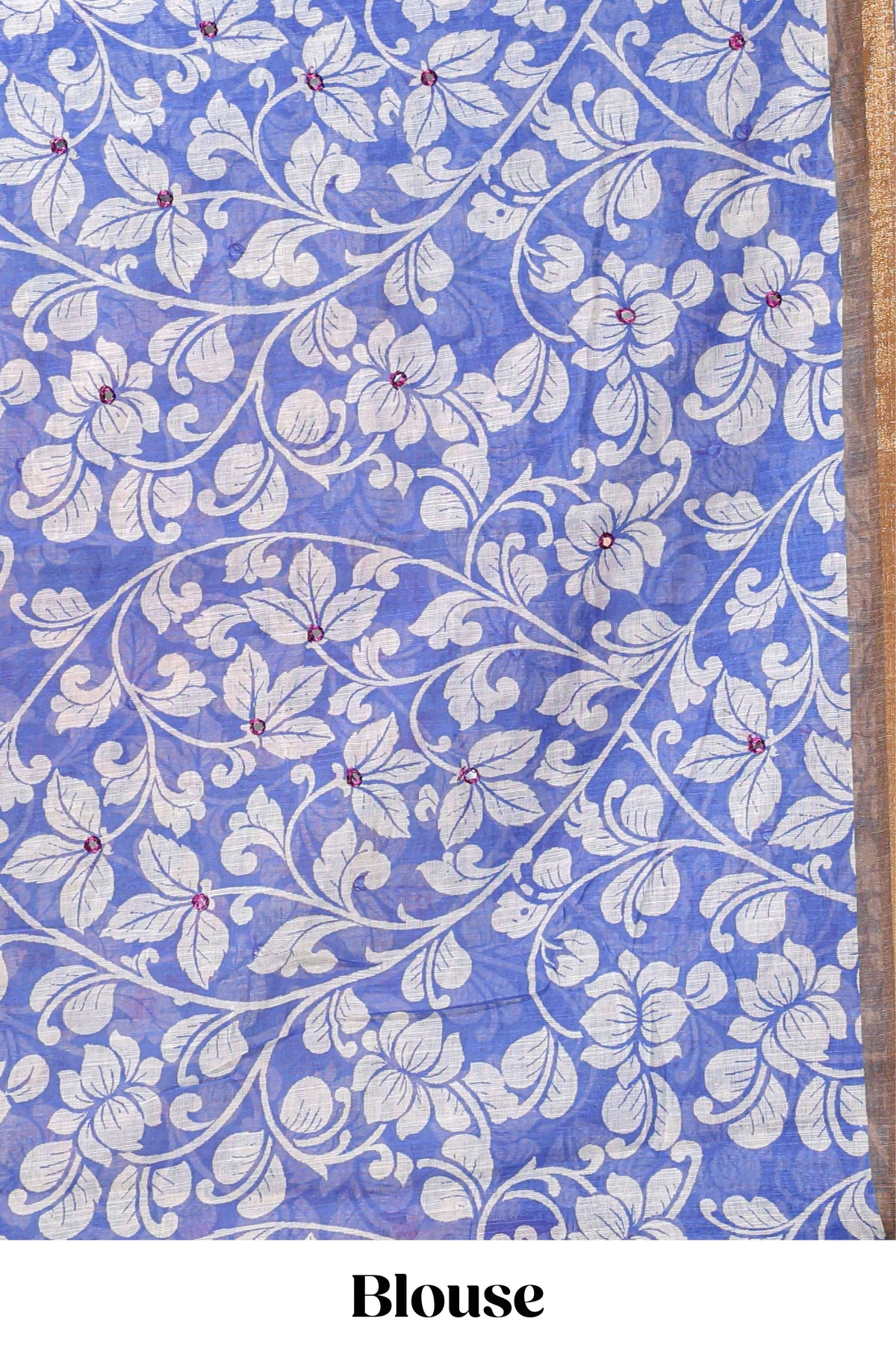 Multi color kalamkari style mirror embroidery work linen cotton saree with contrast zari border and floral blouse