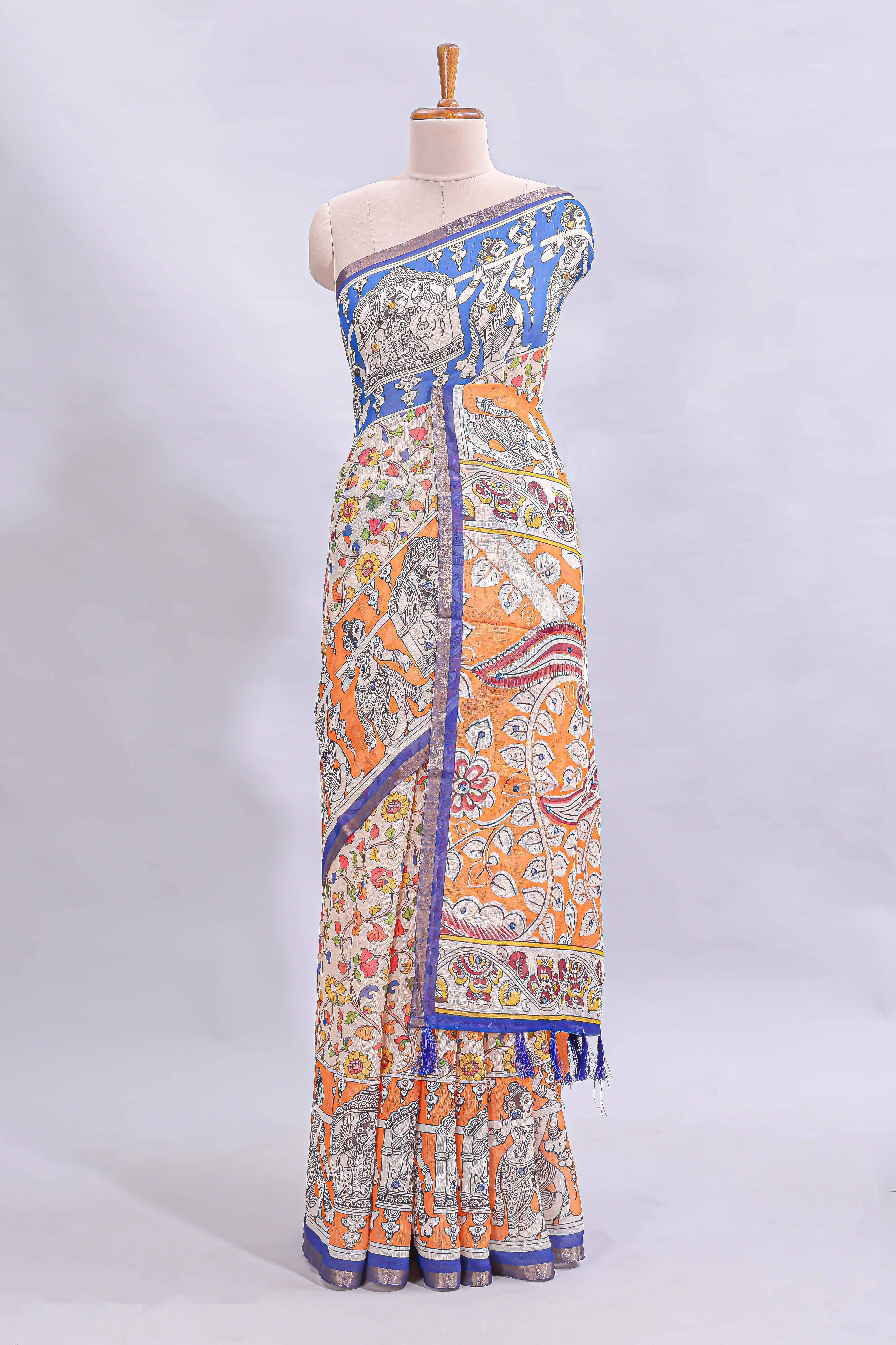Multi color kalamkari style mirror embroidery work linen cotton saree with contrast zari border and floral blouse