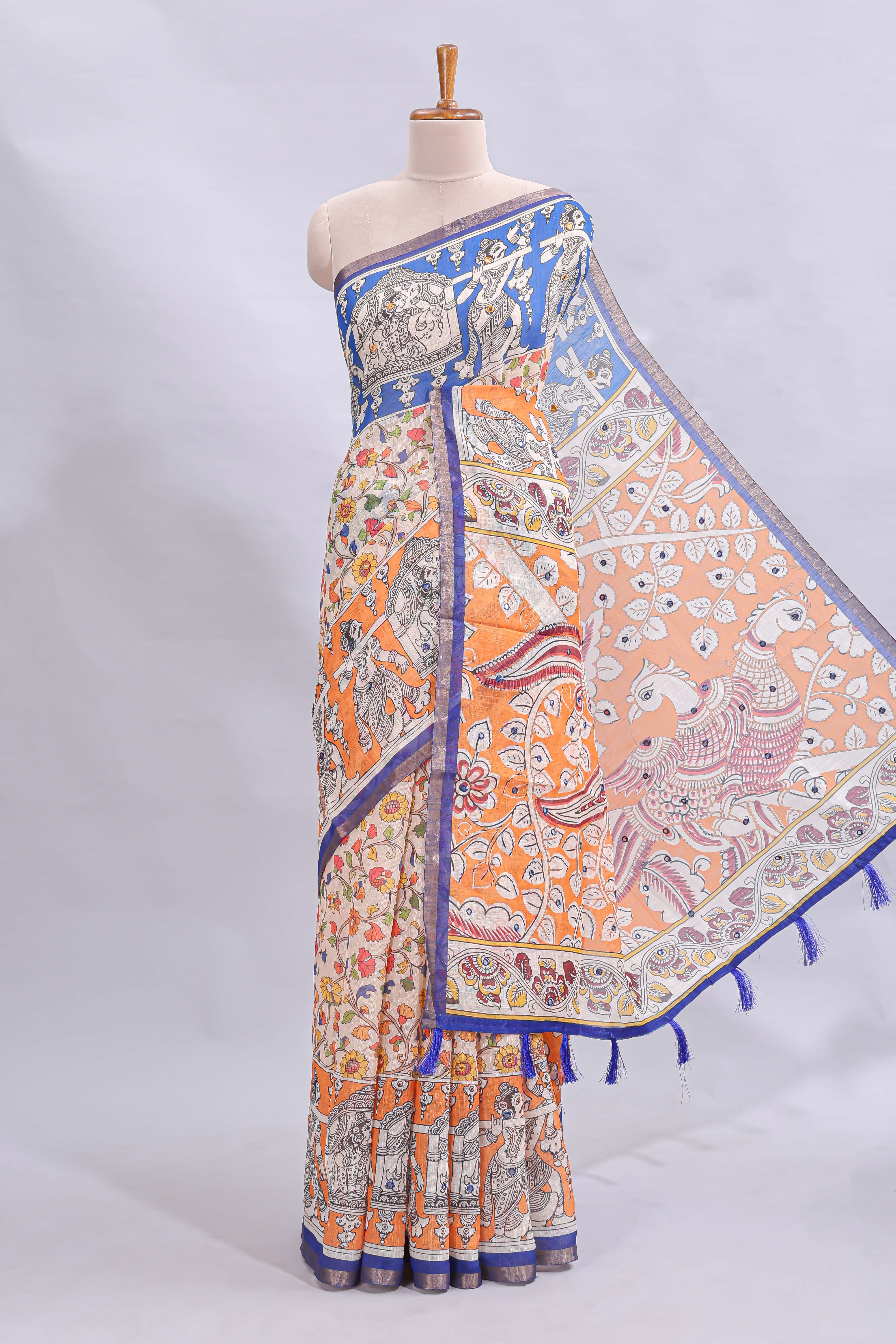 Multi color kalamkari style mirror embroidery work linen cotton saree with contrast zari border and floral blouse