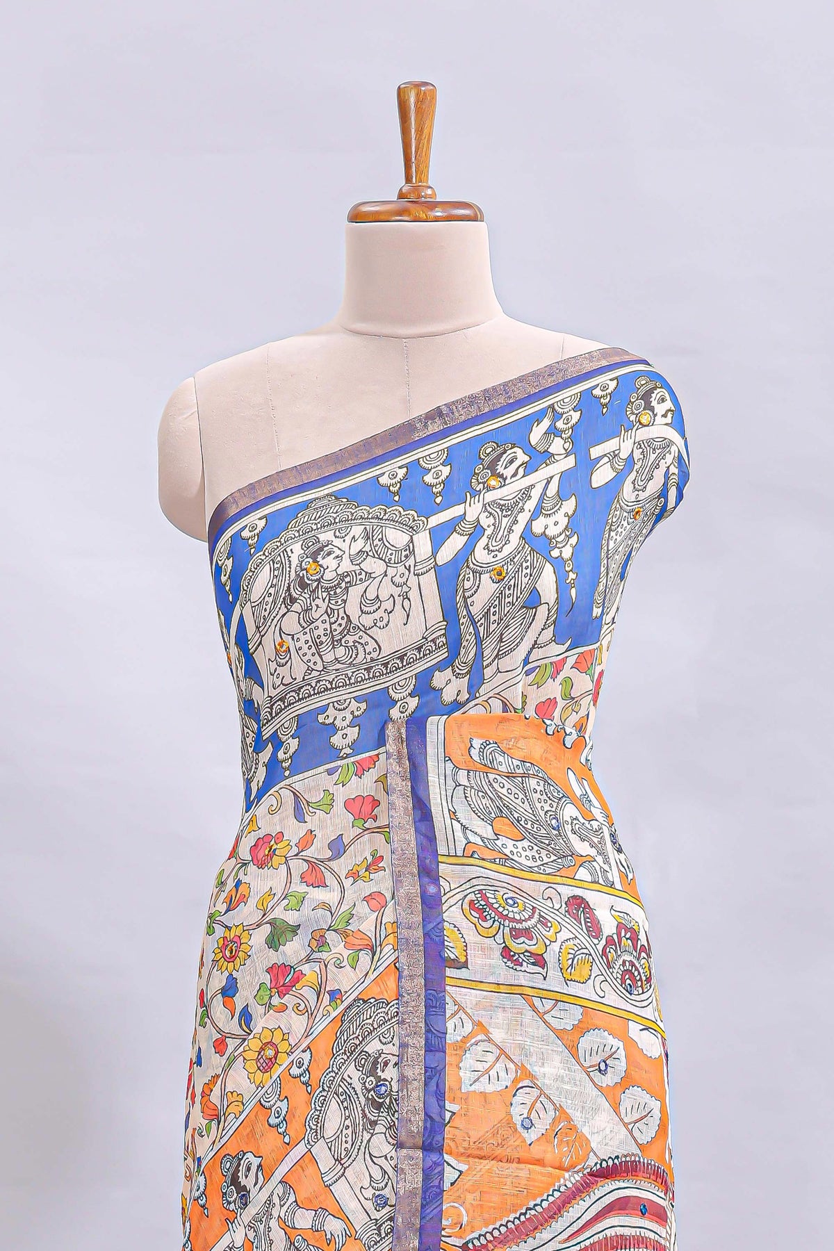 Multi color kalamkari style mirror embroidery work linen cotton saree with contrast zari border and floral blouse