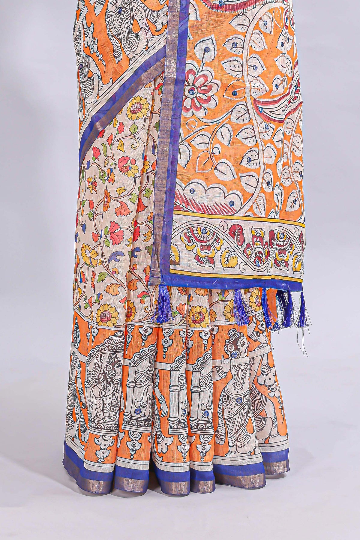 Multi color kalamkari style mirror embroidery work linen cotton saree with contrast zari border and floral blouse