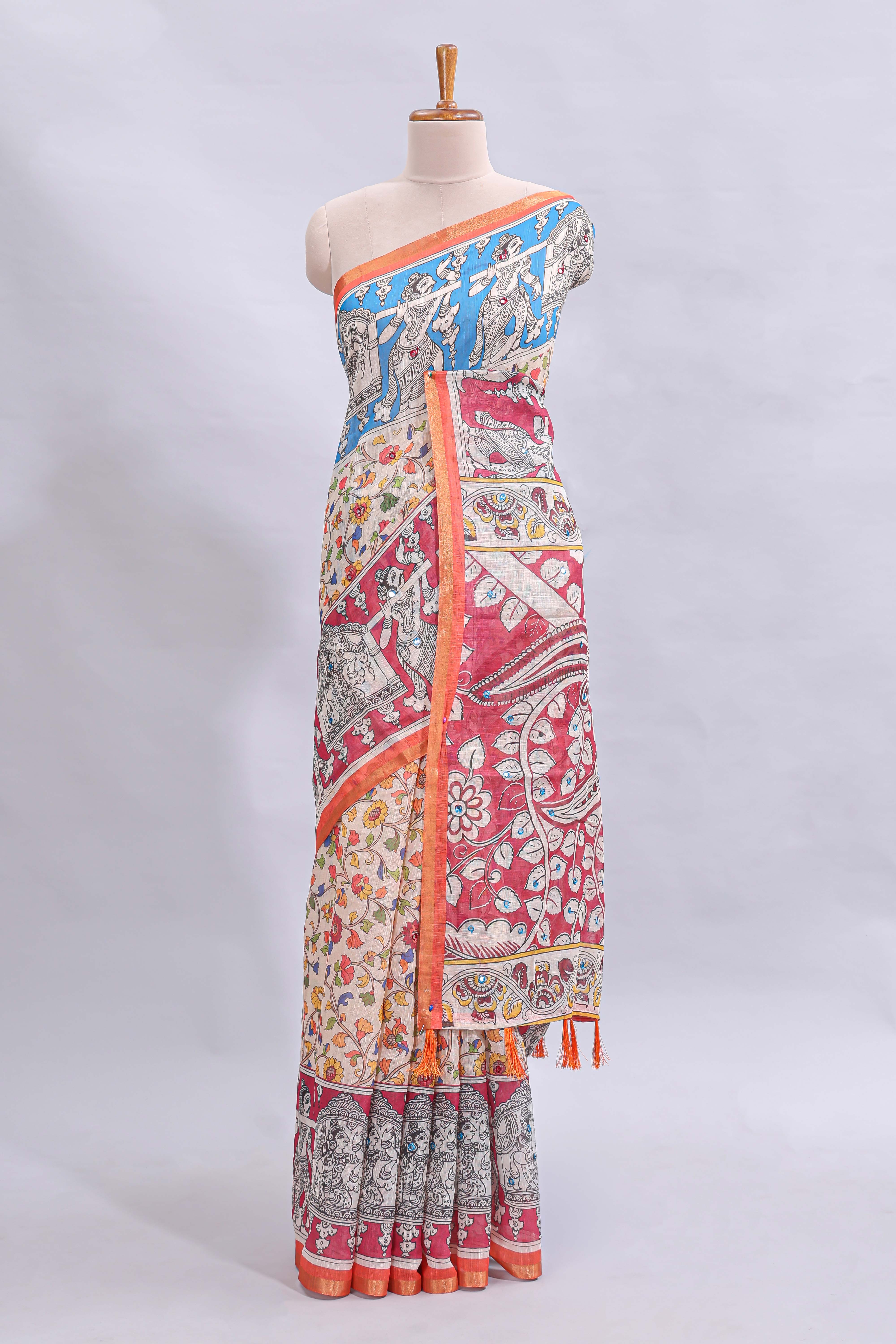 Multi color kalamkari style mirror embroidery work linen cotton saree with contrast zari border and floral blouse