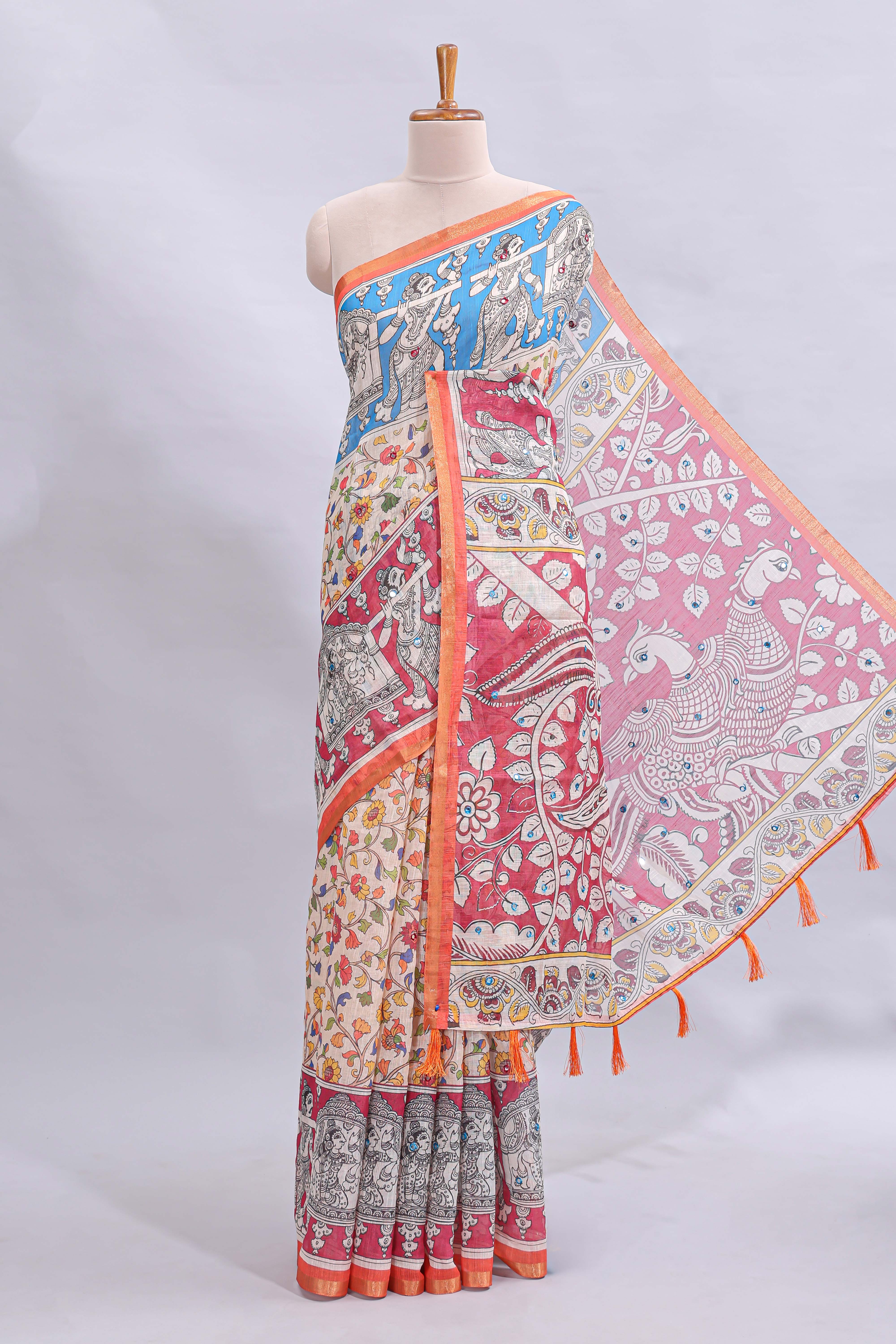 Multi color kalamkari style mirror embroidery work linen cotton saree with contrast zari border and floral blouse