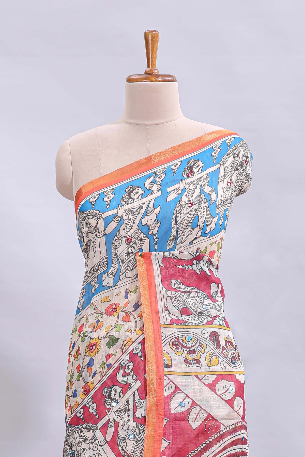 Multi color kalamkari style mirror embroidery work linen cotton saree with contrast zari border and floral blouse