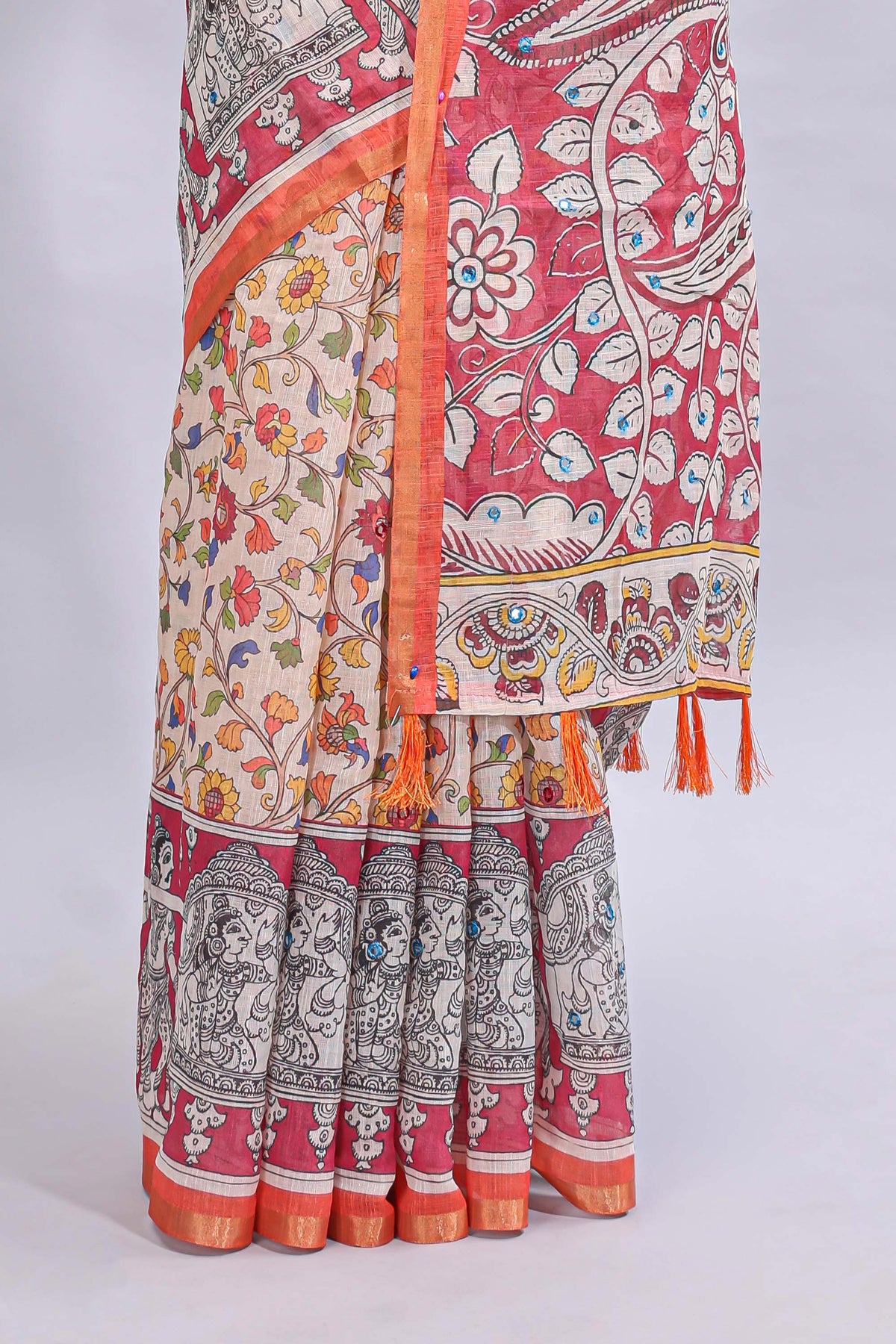 Multi color kalamkari style mirror embroidery work linen cotton saree with contrast zari border and floral blouse