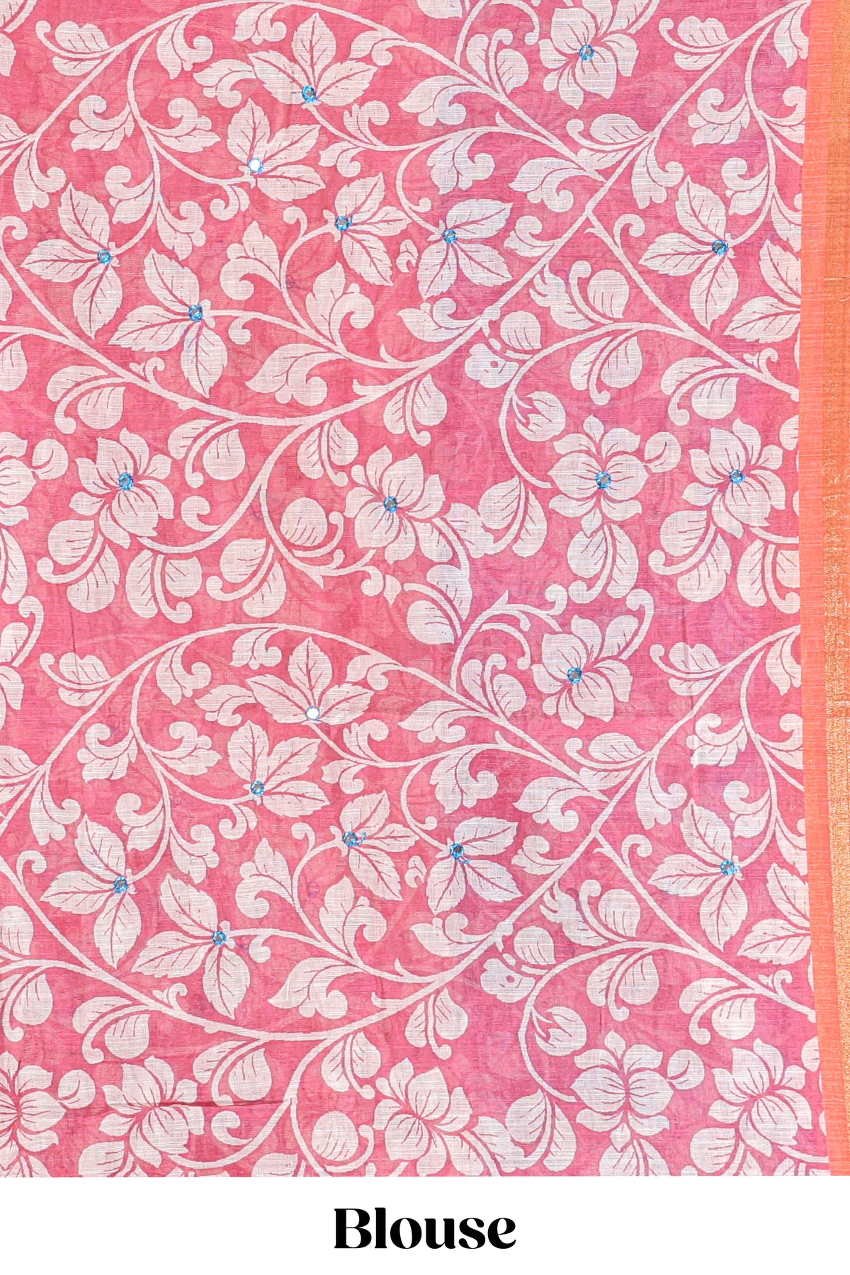 Multi color kalamkari style mirror embroidery work linen cotton saree with contrast zari border and floral blouse