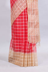Pink checked linen cotton saree with contrast border and striped blouse